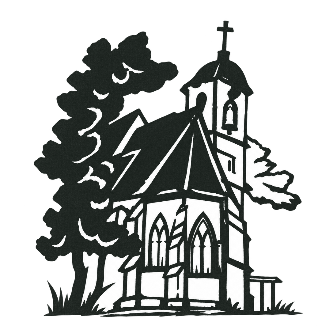 Historische Schwarzweißzeichnung des Pfarrhofs und der Kirche von Pfarrer Monsignore Johann Burgmann