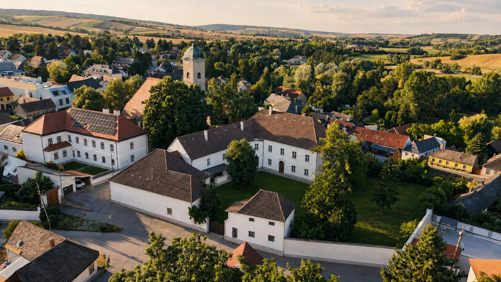 Luftbild-Visualisierung des Pfarrhofs aus einer Perspektive von links