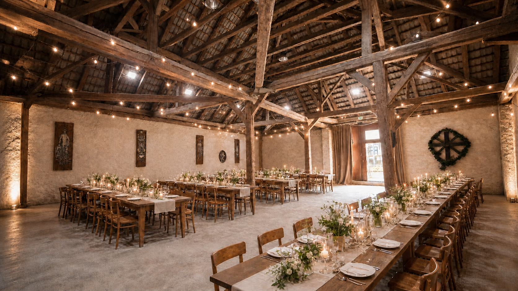 Visualisierung einer festlichen Hochzeit im Pfarrstadl